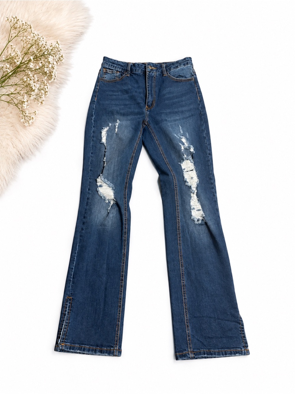 Fashion Nova Dark Blue Distressed Flare Jeans